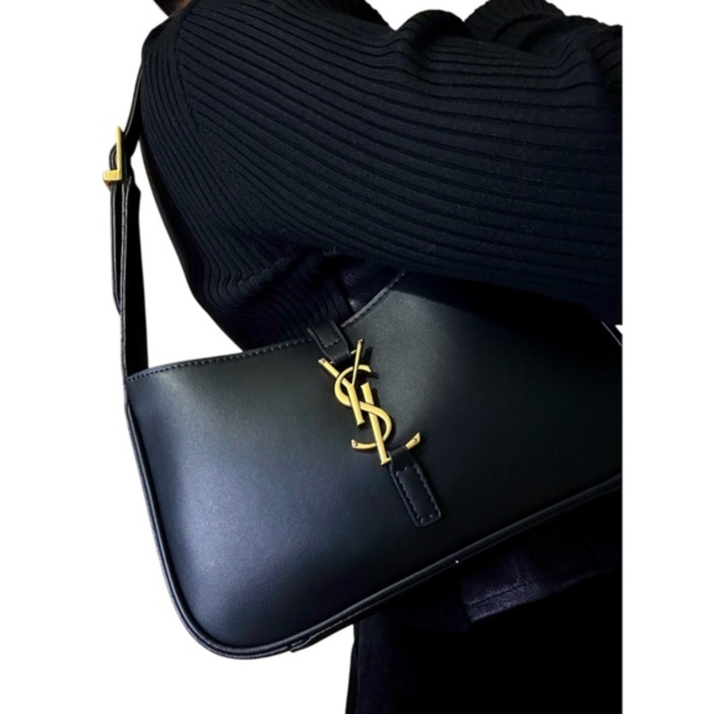 Black Leather Shoulder Bag with Gold YSL Logo